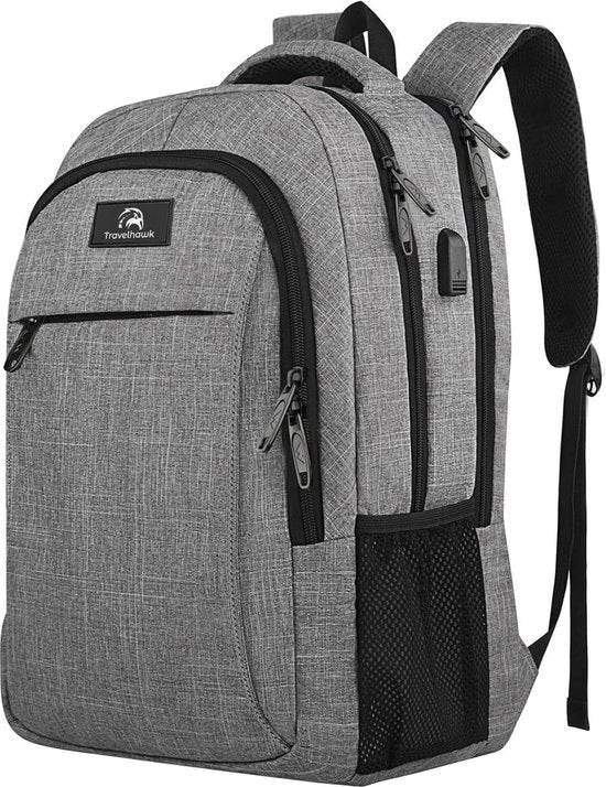 Travelhawk Rucksack – 36 l – 17 Zoll – Grau – Laptop-Rucksack – Herren & Damen – Wasserabweisend – Mit USB-Ladeanschluss