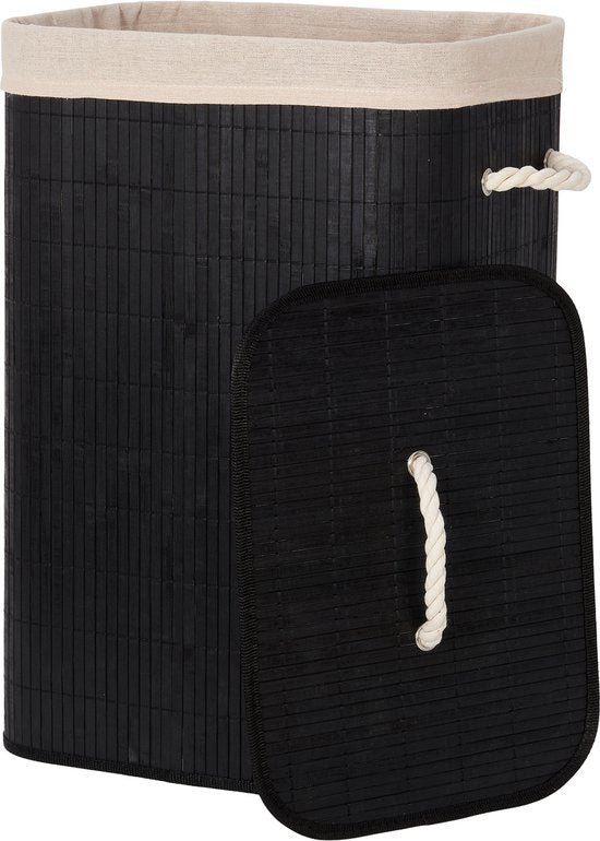 Infinity Goods Wäschekorb mit Deckel Schwarz - Bambus - Wäschesortierer - Waschbarer Wäschebeutel aus Baumwolle - Griffe - 72 Liter - Schwarz