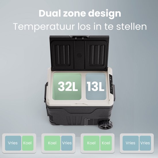 Auronic Electric Cool Box - Kompressor - 2 Zonen - 45L - 12/24V und 240V - Kühlen und Gefrieren - Campingkühlschrank - Frigobox Auto - Mit Rädern und Griff - Schwarz