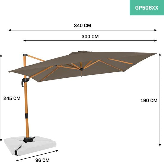 VONROC Premium Sonnenschirm Pisogne - 300x300cm - Inkl. Kreuzfuß & Schutzhülle - Quadratisch - 360° drehbar - Neigbar - UV-beständiges Tuch - Holzoptik - Schwarz