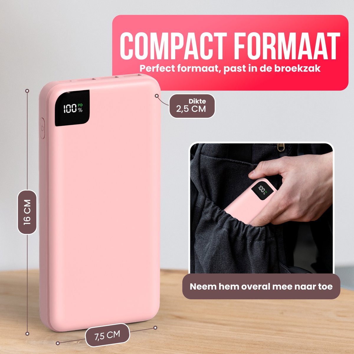 Strex Powerbank Pink - 27.000 mAh - 22,5W Schnellladegerät - USB-A/USB-C - LED-Anzeige - Universal-Powerbank u.a. geeignet für iOS/Android