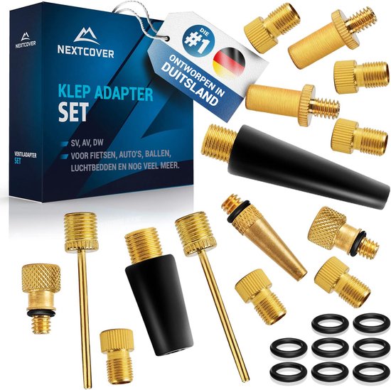 Nextcover® Profi-Fahrradventil-Adapter-Set [15-teilig] I Passend für alle Ventile I Adapter für französisches Ventil für Fahrradpumpe & Kompressor I Fahrradventil-Adapter I Ventil-Adapter I Autoventil I Fahrradventil