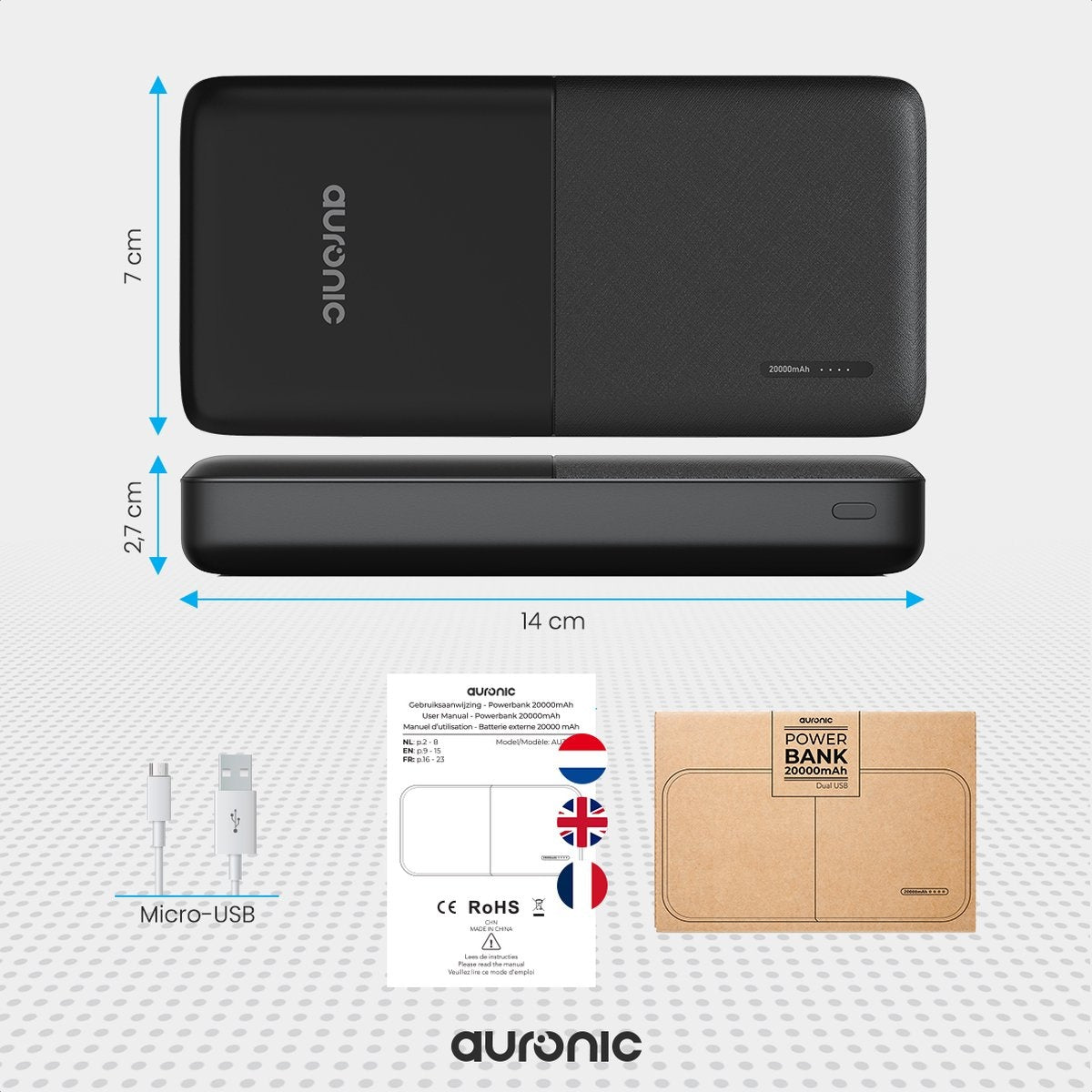 Auronic Powerbank - 20.000 mAh - 4 Anschlüsse - 2,4A USB/Micro-USB/USB-C - Inkl. Kabel - Schwarz
