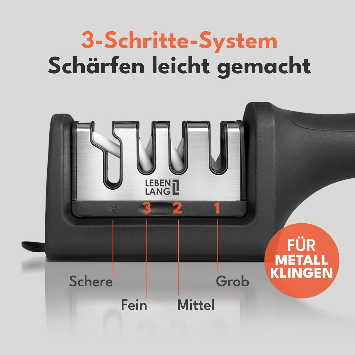 LEBENLANG Messerschärfer - 4 Stufen - 22 x 6,5 x 5,5 cm - Schwarz