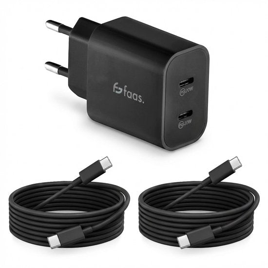 Faas USB C Ladegerät - Schnellladegerät - 40W - 2x 20W Port - 2 Kabel - 1,5 Meter - USB C Kabel - USB C zu USB C - Schwarz