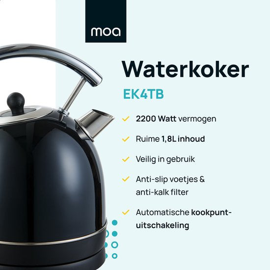 MOA Wasserkocher Retro - 1,8 Liter - Elektrischer Wasserkocher - Anti-Kalk-Filter - BPA-frei - Edelstahl - 2200W- Schwarz