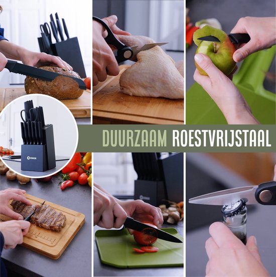 COOCK - Messerset mit Block und klappbarem Schneidebrett - Küchenmesser - Schere - Messerschärfer - 15-teiliges Küchenutensilien-Set im Messerblock - Edelstahl - mit 'Antihaft'-Beschichtung - Schwarz