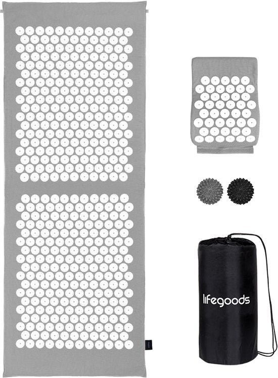 LifeGoods Akupressurmatte XL - Mit Kissen - Shakti-Matte - Nagelmatte inkl. 2x Triggerpunktball - 128x48x2cm - Grau/Weiß
