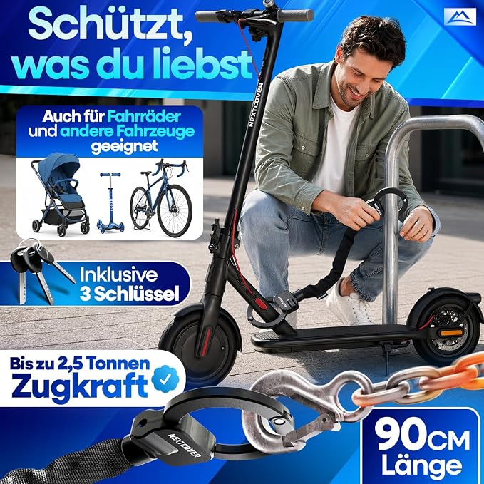 Nextcover E-Scooter-Kettenschloss 90 cm – mit 3 Schlüsseln – wetterfest und kratzfest
