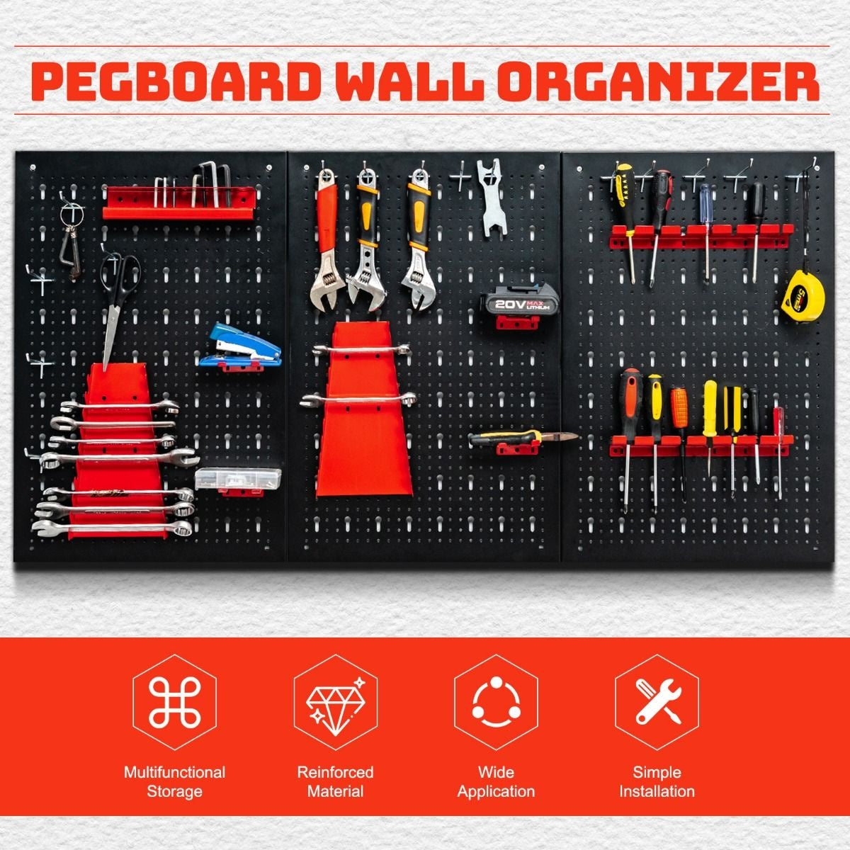 Pegboard Wall Organiser Metall Pegboard Tools Storage Kit mit 3 Pegboards & 25 hängenden Zubehör Schwarz+Rot