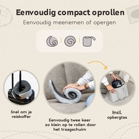 TRAVARA Nackenkissen - Reisekissen - Für Flugzeug - Auto - Memory Foam - Mit Ohrstöpseln - Grau
