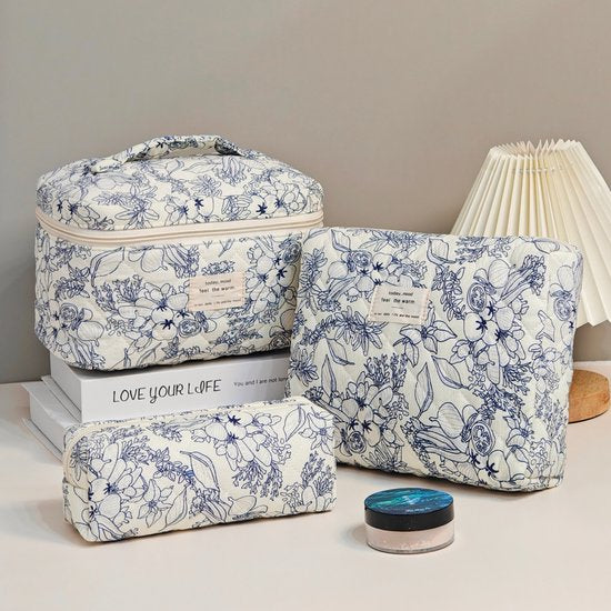 Skycases Travel Essentials - 3-teiliges Make-up-Taschenset - umweltfreundliche Baumwolle - gesteppte florale Organizer - geräumig, strapazierfähig und ideal für Reisen