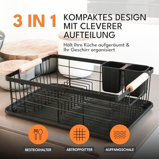 JOHSEATY Geschirrständer mit Holzgriff - 42 x 32 cm, rostfrei mit Besteckhalter, Geschirrständer, Geschirrständer, Küchengeschirrständer, Geschirrständer