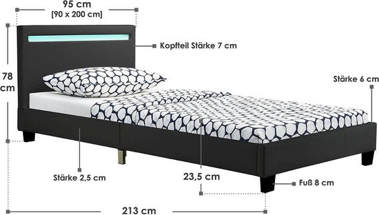 Polsterbett Verona - 90 x 200 cm - Schwarz - LED-Beleuchtung