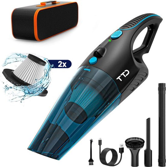 TTD® Premium-Autostaubsauger kabellos mit Deluxe-Aufbewahrungsbeutel - Extra leistungsstarke 14.000 Pa - Nass & Trocken - Inklusive 2 Premium-HEPA-Filter - Schnurloser Krümelsauger - Staubsauger fürs Auto - Handstaubsauger - Dustbuster