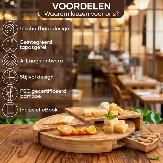 Villux Tapas-Brett – Snack-Brett – Servierbrett – Käsebrett – Häppchenbrett – inklusive Käsemesser – Tapas-Brett aus Bambus – rundes Snack-Brett – inklusive E-Book – ø 38 cm