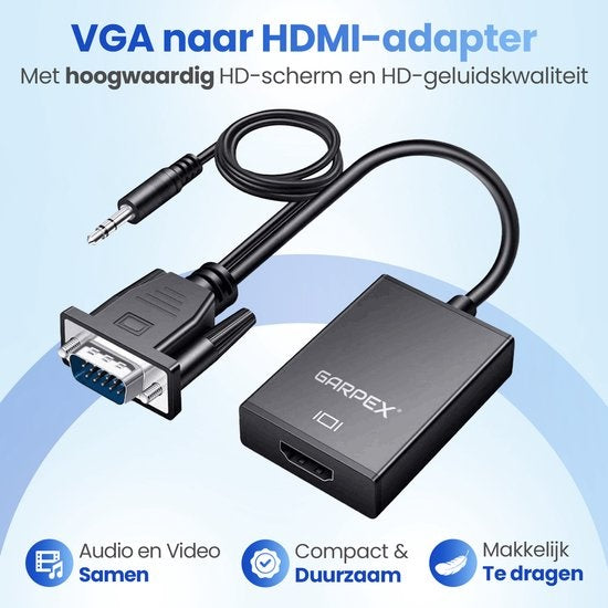 Garpex VGA-zu-HDMI-Adapter mit 3,5-mm - AUX und USB-Stromkabel – Analog-zu-Digital-Videokonverter, 1080p Full HD, Stecker-Buchse-Design