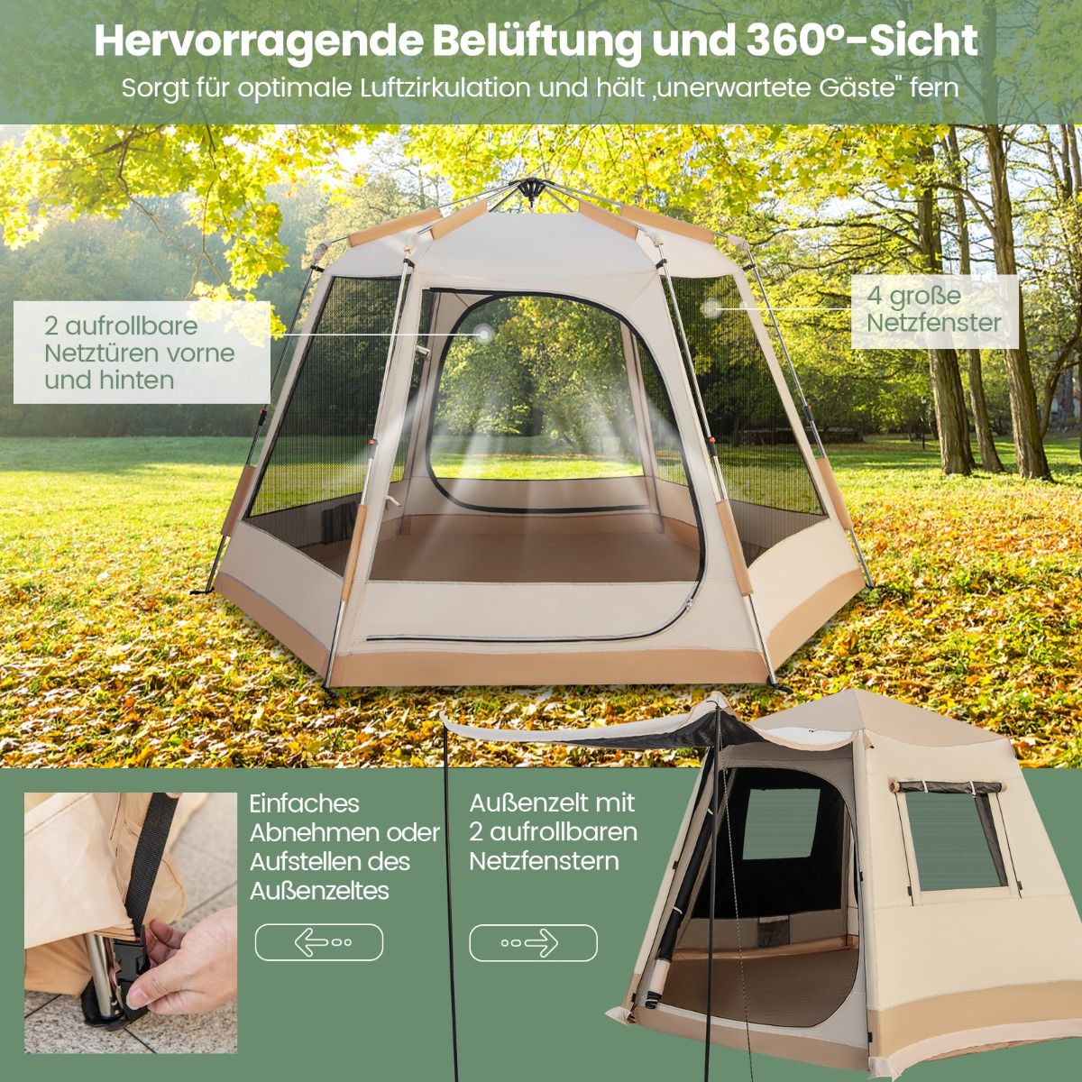 Coast Pop-up-Zelt – Automatischer Aufbau – Zweischichtiges Kabinenzelt – Beige 330 x 270 x 200 cm
