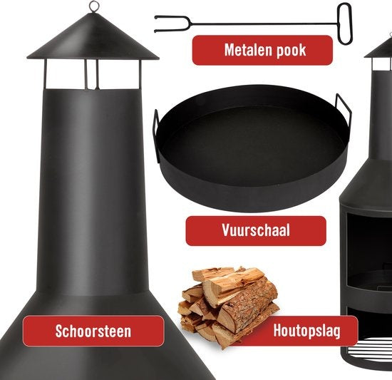 BBQ Collection Außenkamin - Outdoor-Ofen - mit Schornstein - 134 x 44,5 x 44,5 cm - mit Aschefänger, Schürhaken und Holzlager - Carbonstahl - Schwarz