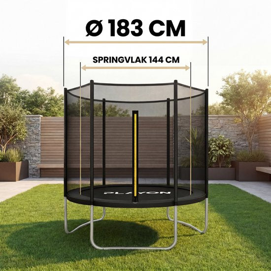 Playon Trampolin – Trampolin mit Sicherheitsnetz – Kindertrampolin – Ø 183 cm – Inklusive Randschutz – Wasser- und UV-beständig – Schwarz