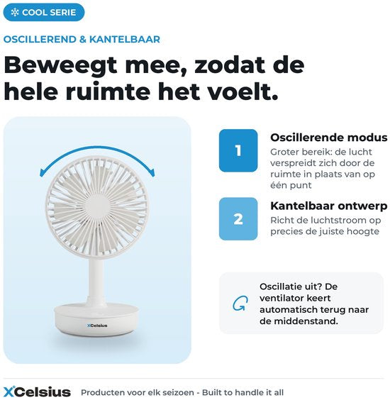 XCelsius® Kabelloser Tischventilator – Ventilator für Schreibtisch, Tisch und Arbeitsplatz – Über USB-C aufladbar – 4 Geschwindigkeitsstufen – Schwenkmodus – Neigbar – Während des Ladevorgangs nutzbar – Weiß