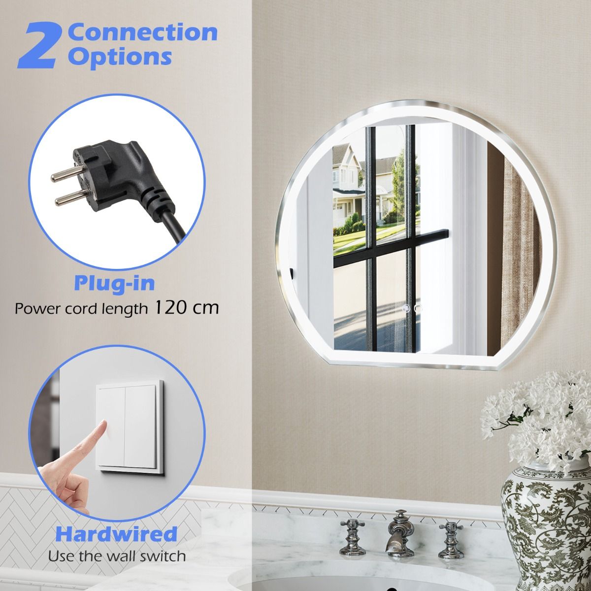 Coast 60 x 54 cm LED-Badezimmerspiegel Runder Wandspiegel Silber mit dimmbarer 3-Farben-Beleuchtung, Anti-Beschlag und Memory-Funktion