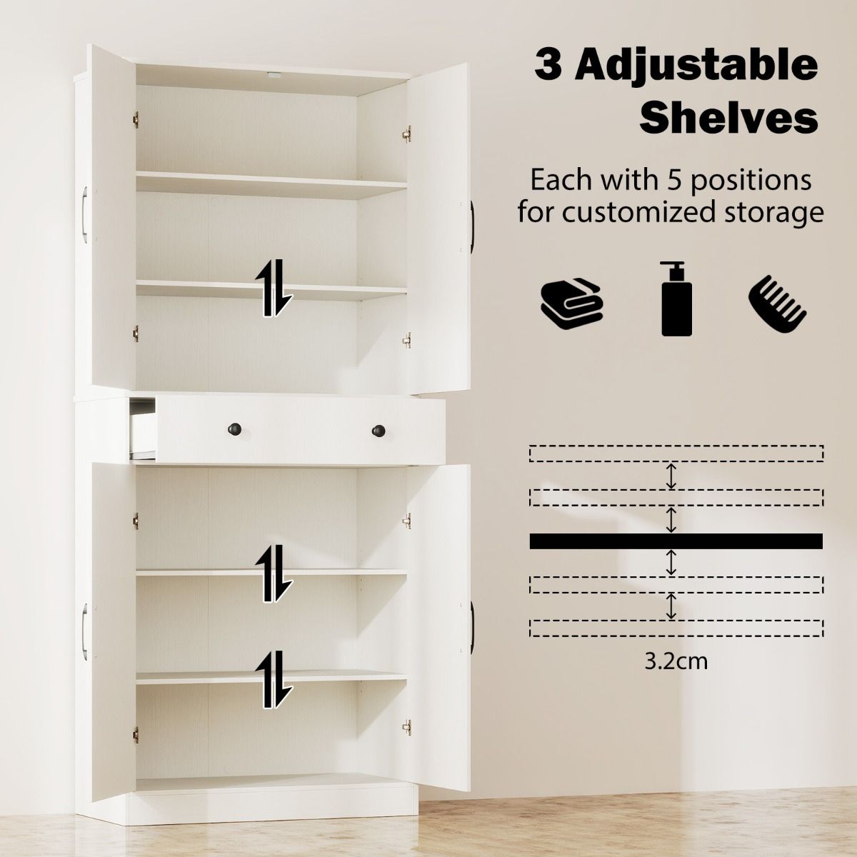 Coast Küchenschrank 77x39x183 cm Weiß - Moderner Schrank im Landhausstil mit 4 Flügeltüren, 3 verstellbaren Einlegeböden, Schublade und Kippsicherung