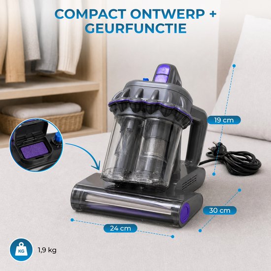 Powell Matratzenreiniger – Teppichreiniger – Staubsauger gegen Hausstaubmilben – UV-Bettstaubsauger – 350 W – 20,6 l Behälter – Grau