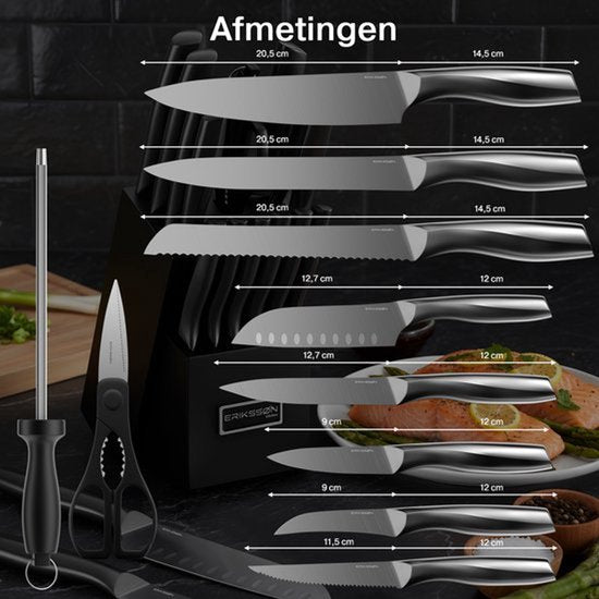 Erikssøn Kitchen 16-teiliges Messerset mit Messerblock – BPA- und PFAS-frei – mit Block, Messerschärfer und Schere – Küchenmesser – Kochmesser – Fleischmesser – kratzfest – 3Cr13-Edelstahl – schwarz