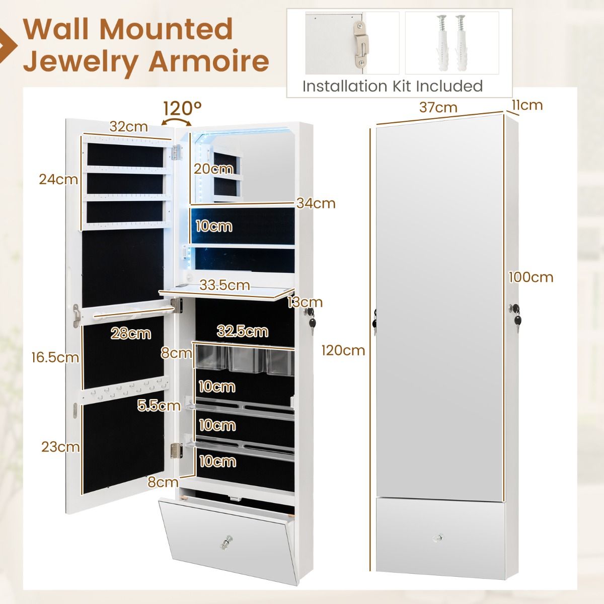 Coast Schmuckschrank - mit Spiegel - LED-Beleuchtung - 120 x 37 x 11 cm - Weiß