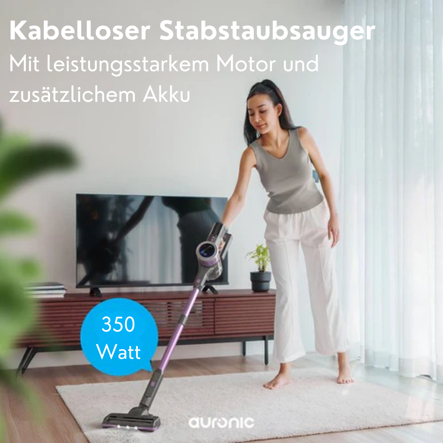 Auronic Stick Staubsauger - Kabellos - Beutellos - Akkubetrieben - Selbstständig - 350W - Extra Akku - Staubsauger - Grau/Lila