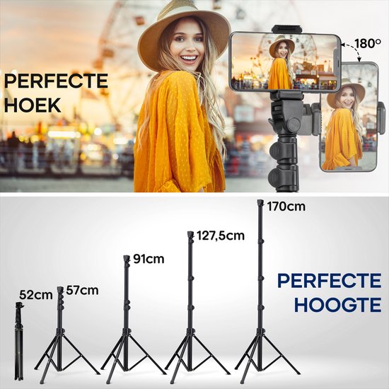 Studio ME Telefonstativ - 170 cm - Stativ Smartphone - Schwarz - Kamerastativ - Telefonhalterung - Inkl. Bluetooth-Fernbedienung - Stativ Iphone - Stativ Telefon