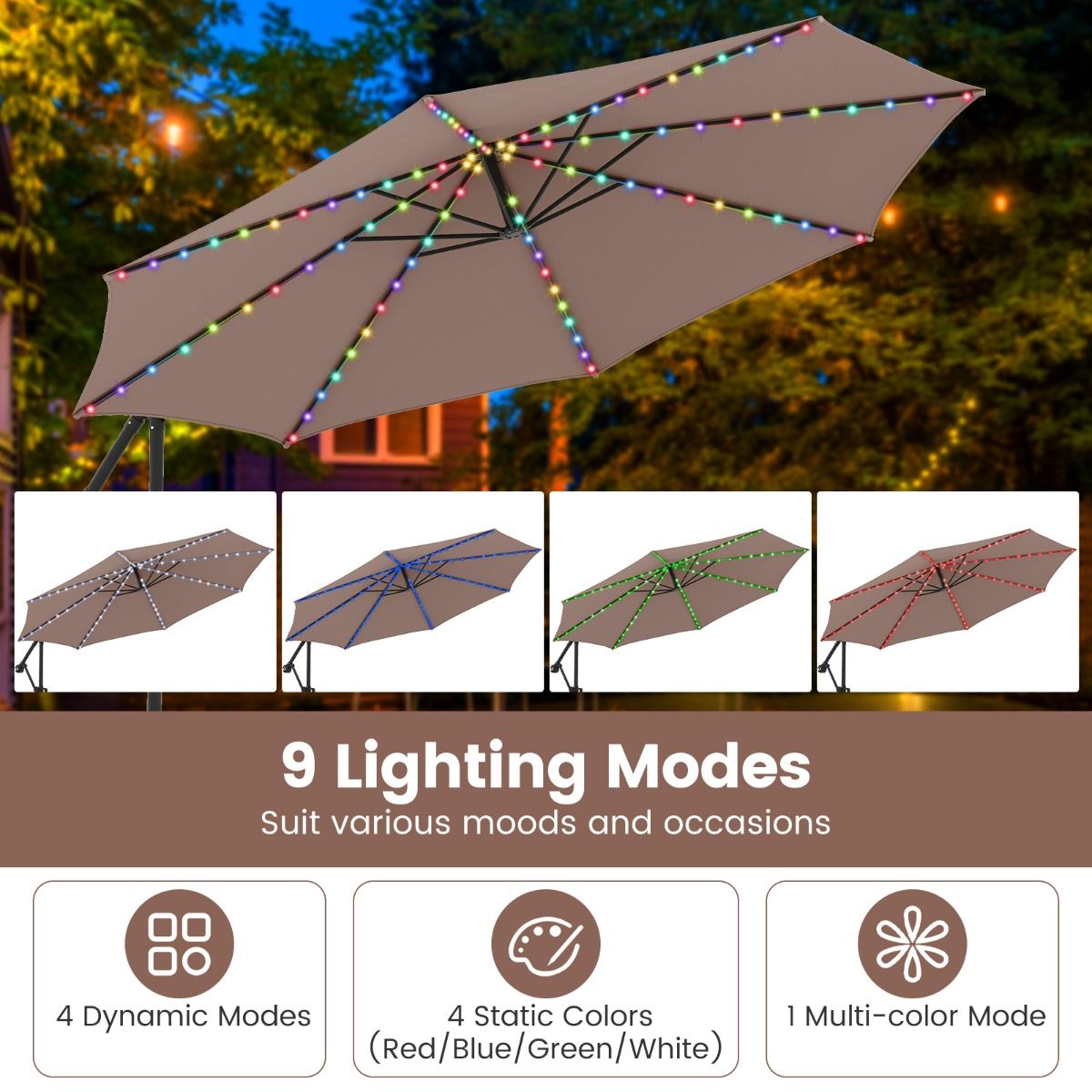 Coast Schwebeparasol mit LED-Beleuchtung – 9 Leuchtmodi – mit Sandsäcken und Pendel – braun – 300 x 260 cm