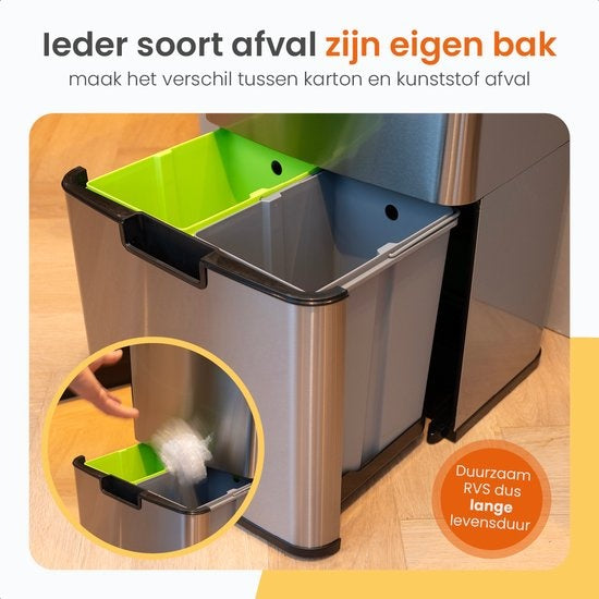 Goliving Automatic Sensor Trashcan 64 Liter - Küchenabfalleimer - Abfalleimer Mülltrennung - Hands-free sensor - Feuchtigkeitsresistent - Schließrand - Langlebiger Edelstahl - 40L + 2x12L + 8L - Silber