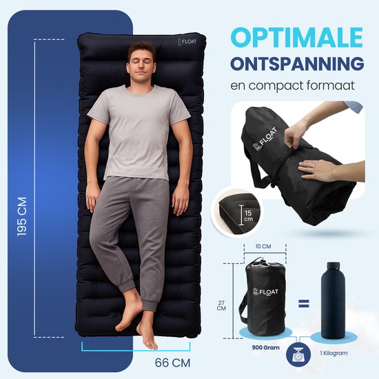 FLOAT Nomadic - 1-Personen-Schlafmatte mit Fußpumpe und Klicksystem - Stabiles und leichtes Luftbett für Camping - 195x66x12 cm Luftmatratze - Selbstaufblasende Schlafmatte - Schwarz