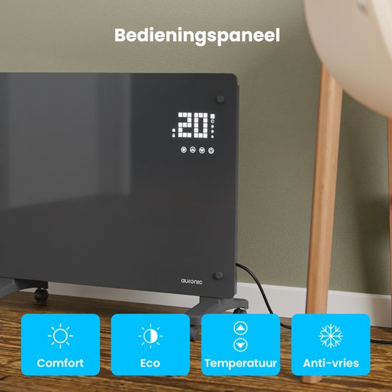 Auronic Elektroheizung - Konvektorheizung mit Thermostat und Fernbedienung - Glasheizkörper - 1500W Heizleistung - Grau