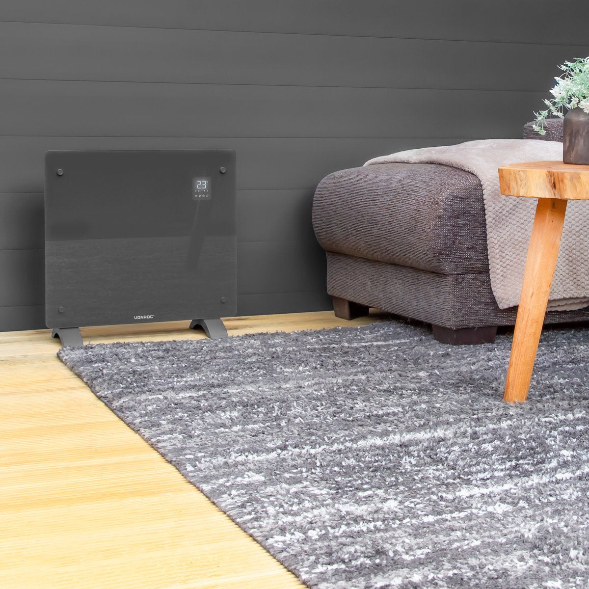 VONROC Luxus-Elektrokonvektor mit Glasscheibe - 500W/1000W - Wifi & manuelle Steuerung - einstellbarer Thermostat und Timer - heizt bis zu 12m² - Grau