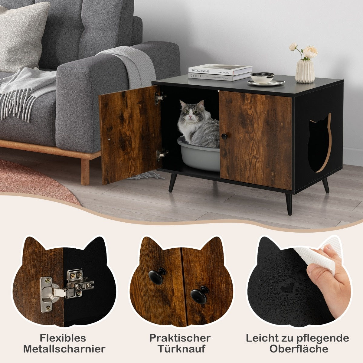 Coast Cat Cabinet Katzentoilette Katzenhaus mit Doppeltüren und Eingang 80 x 50 x 57 cm schwarz + Natur