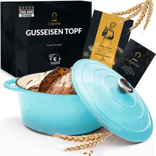 Chefarone Gusseisenpfanne 4,7 l – PFAS-frei – Bratpfanne inklusive Deckel – Für alle Herdarten geeignet – Blau emailliert