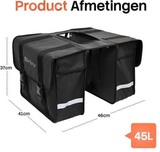 Brixy Doppel-Fahrradtasche – Wasserdichte Fahrradtaschen – 45 l – Mit Reflektoren – E-Bike – Schwarz