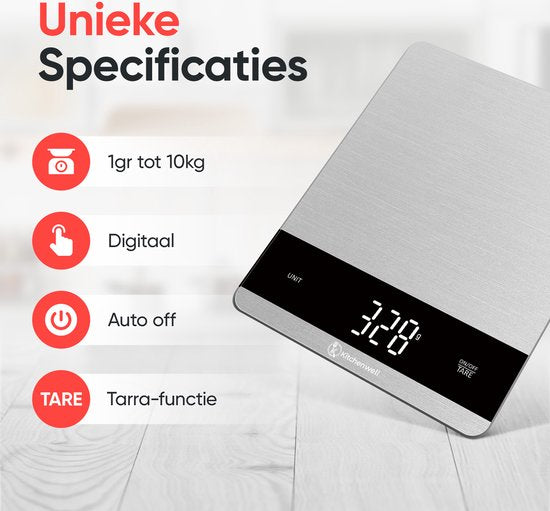 Kitchenwell Digitale Präzisions-Küchenwaage - Küchenwaage - 5gr - 10kg - Tara-Funktion - Grau