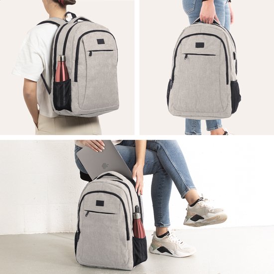TRVLMORE Rucksack - 36L - 17.3 Zoll - Laptop-Rucksack mit USB - Schultasche - Herren und Damen - Tasche Champagner
