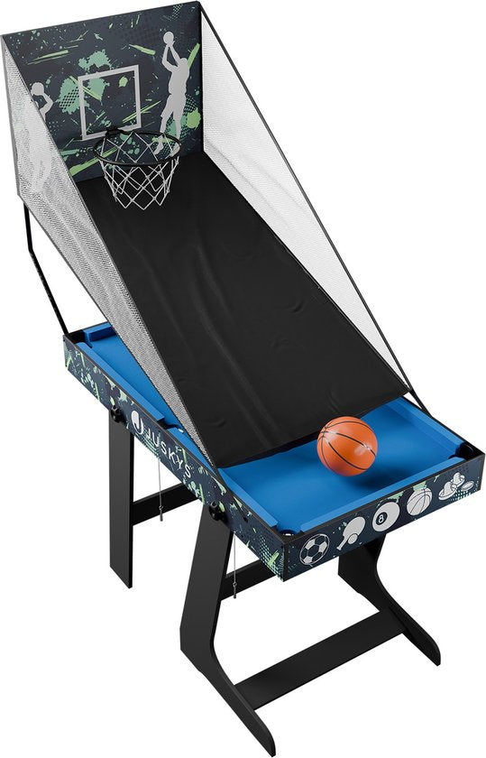 Juskys Multi-Play Tisch 5 in 1 - 104 x 58 x 73 cm - Billard / Tischfußball / Hockey / Tischtennis / Basketball - inkl. Zubehör