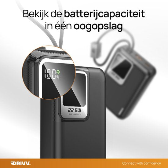 Drivv. Powerbank 20.000 mAh – Mit integriertem 8-Pin- und USB-C-Kabel – Inklusive 60-W-Ladekabel – 22,5-W-Schnellladefunktion – USB / USB-C – Notfallpaket