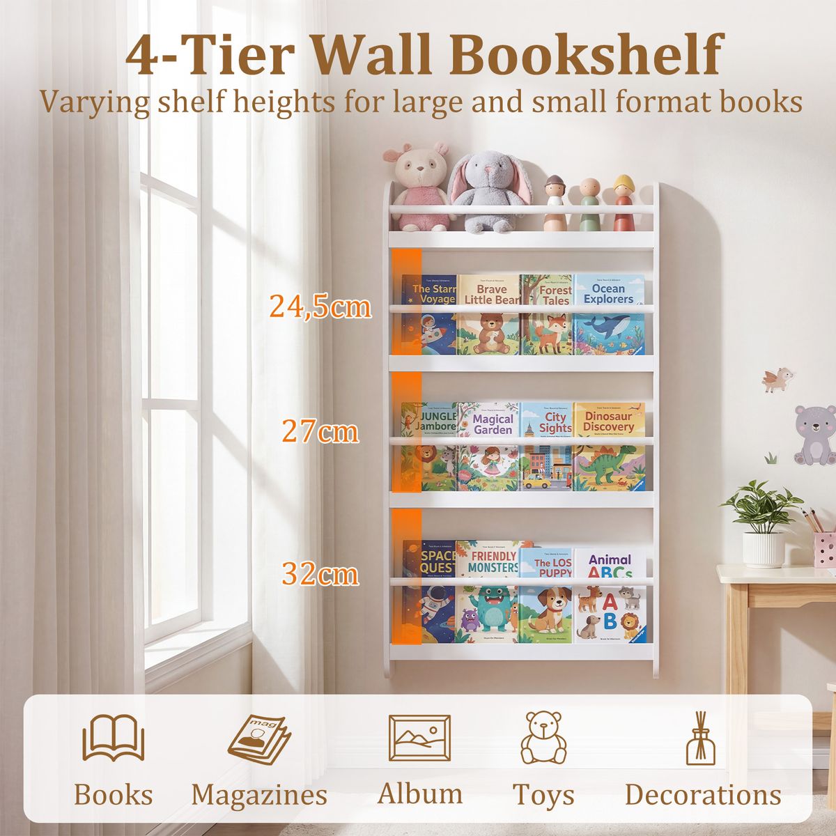 Coast Kinderbücherschrank als Wandregal – platzsparend mit 4 Einlegeböden – weiß