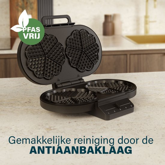 Princess 132384 Doppel-Waffeleisen – 10 herzförmige Waffeln – 1200 W – Einstellbarer Thermostat – 5 Stufen – Antihaftbeschichtung – PFAS-frei – Schwarz – Gaufrier