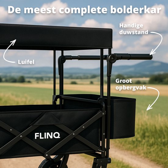 FlinQ Bolderkar mit Dach bis zu 130 KG - faltbar - Strandtrolley mit Schiebestange - zusammenklappbarer Strandtrolley - 100L Kapazität mit Schwenkrädern - Schwarz