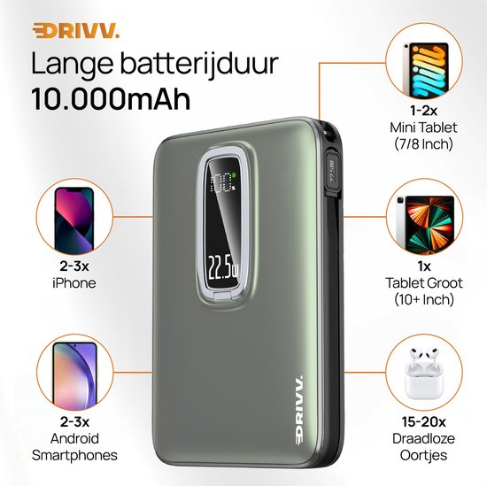 Powerbank 10.000 mAh, MagSafe-kompatibel, mit USB-C-Kabel – 3-in-1-Design – 22,5 W kabellose Powerbank – inklusive 60-W-Ladekabel – Schnellladefunktion – USB & USB-C – Schwarz –