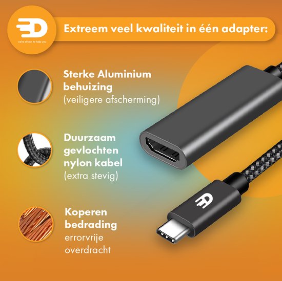 Drivv. USB C zu HDMI Adapter - Unterstützt 4K 60Hz - Thunderbolt 3 - Nylon - Grau