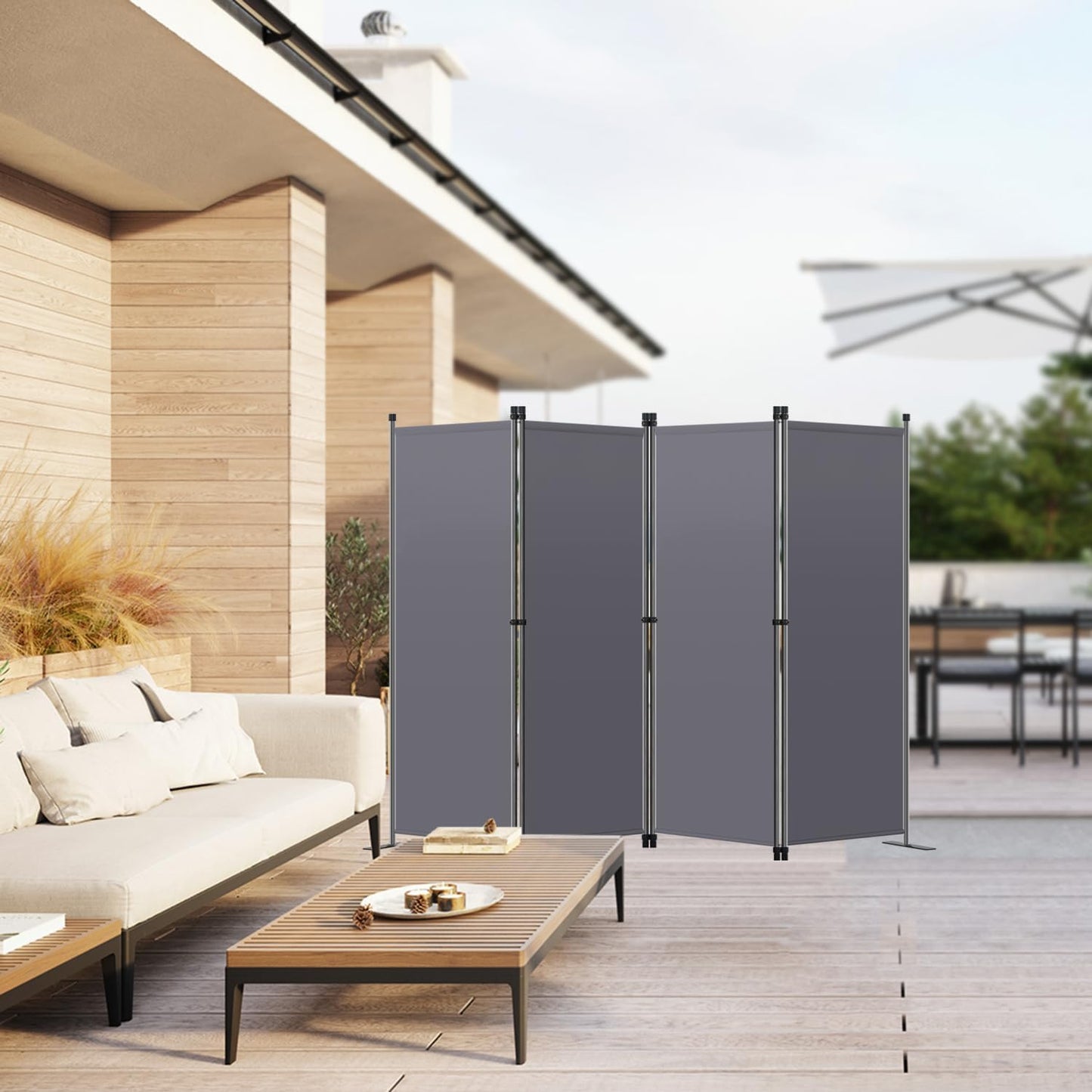 Angel Living Room Screen 4-Panels - Stabiler Raumteiler & Sichtschutz aus Stahl und Polyester, faltbar - Grau